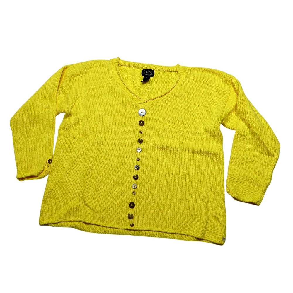 Pure Handknit Sweater Cardigan Womens M Yellow 100% Cotton Button Front Knit